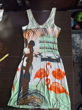 Custo Barcelona Mint, Orange & Black Flamingo Print Midi Dress